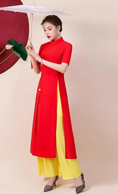 アオザイ パンツ 中国風 チャイナドレス シフォン パフォーマンス ワイドレッグ 大きいサイズ エスニック ロング 半袖 ハイスリット 赤 紫 黄