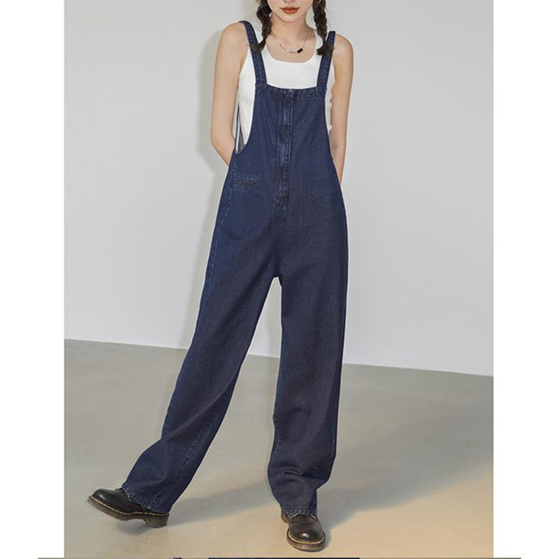 サロペット オールインワン レディース デニム 夏 ハイウエスト ジッパー リボン ロング 脚長効果 スリム 青 かわいい シンプル 無地
