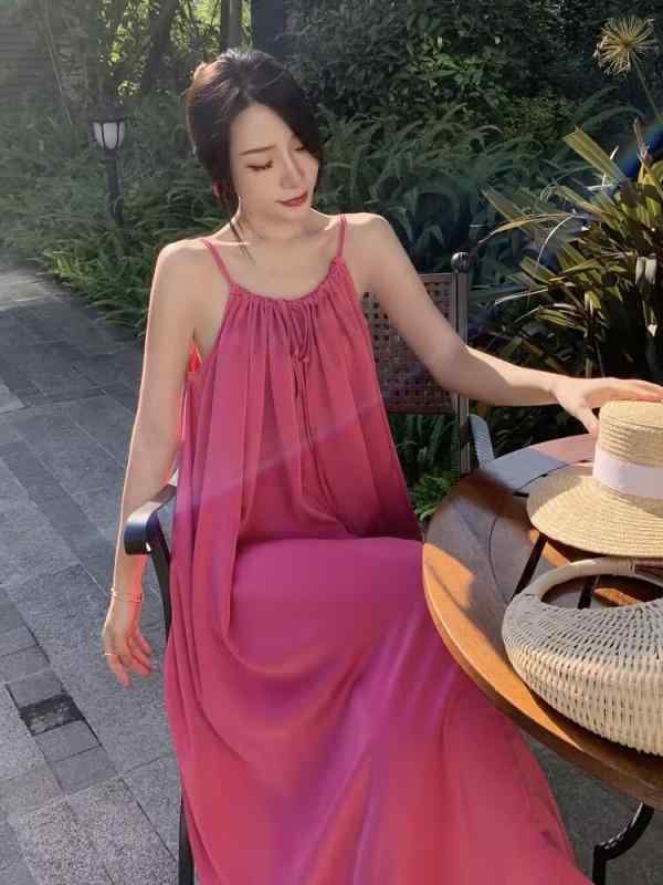 リゾートワンピース バックオープン ドレープ 体型カバー 夏 レディース ロングスカート ビーチ シフォン ゆったり ノースリーブ ピンク かわいい