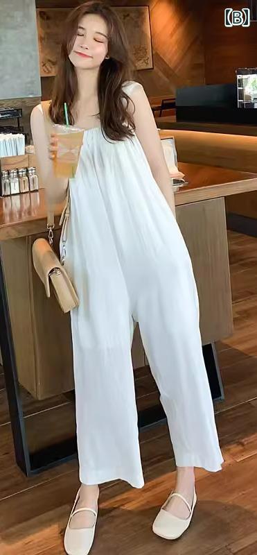 サロペット オールインワン パンツ レディース 夏 幅広ストラップ ウエストマーク 体型カバー ボトムス ポケット ロング丈 おしゃれ 赤 白