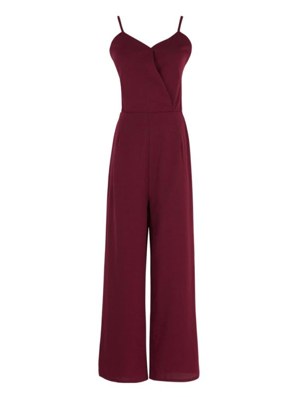 サロペット オールインワン パンツ レディース 夏 ロング丈 バックレス ジップアップ 薄手 スリム ポケット シンプル 無地 おしゃれ ユニーク 赤