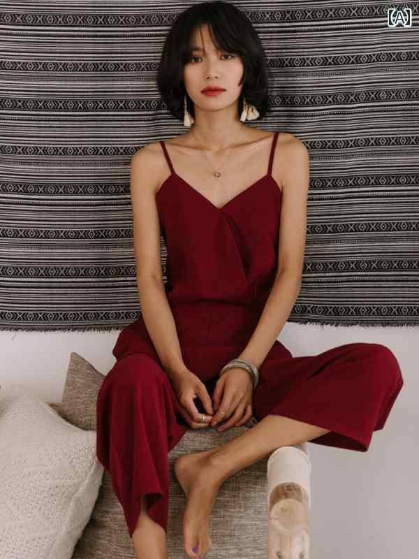 サロペット オールインワン パンツ レディース 夏 ロング丈 バックレス ジップアップ 薄手 スリム ポケット シンプル 無地 おしゃれ ユニーク 赤