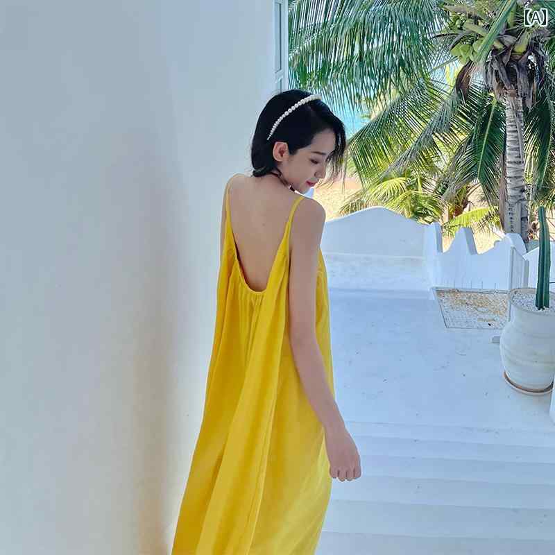 サロペット オールインワン レディース 夏 スカート ロング丈 ワンピース 調節可能 ストラップ バックレス ゆったり 体型カバー 無地 シンプル 黄