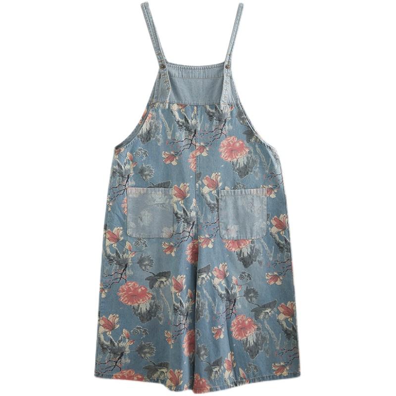 サロペット オールインワン パンツ レディース 夏 デニム 花 切替 ゆったり 体型カバー ワイド レッグ ビッグシルエット ポケット カジュアル 青