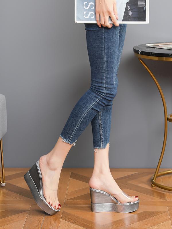 サンダル レディース おしゃれ カジュアル 厚底 ウェッジ ハイヒール 透明 ラバーソール クリア オープントゥ 脚長 金 銀