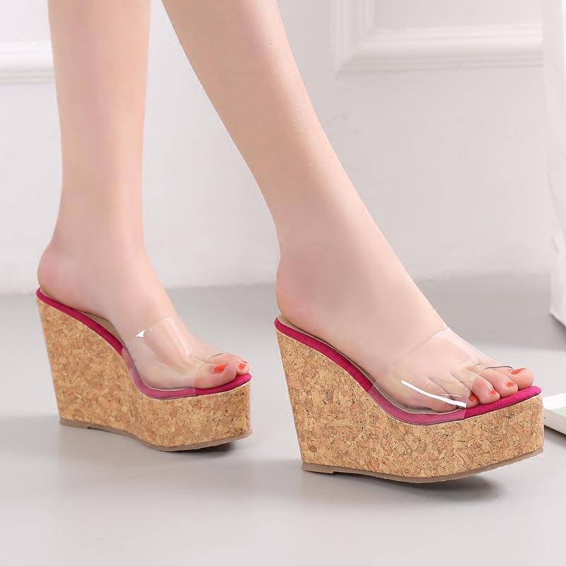 サンダル レディース 韓国 ウェッジ ハイヒール 厚底 透明 木目調 大きいサイズ PU ラバーソール クリア 靴 シューズ 脚長 黒 青 ピンク