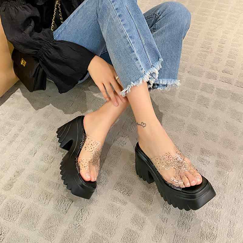 サンダル レディース ハイヒール カジュアル 厚底 透明 ラインストーン ラバーソール オープントゥ 白 黄 ピンク