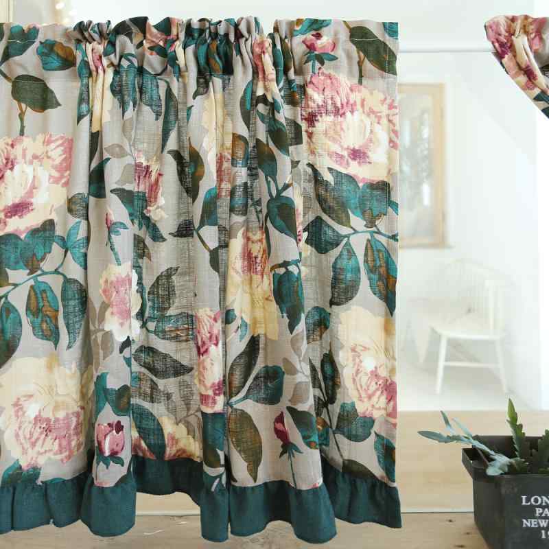 カフェカーテン カントリー レトロ アメリカン 緑 キッチン リビング シンプル ナチュラル 花柄 突っ張り棒 出窓 目隠し インテリア おしゃれ