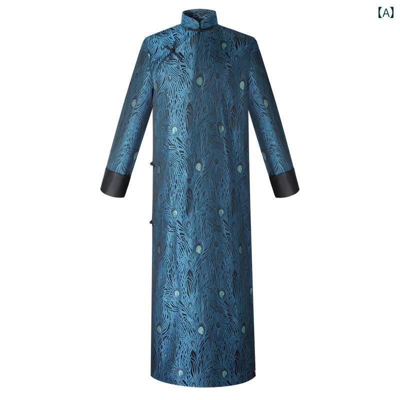 チャイナ服 メンズ チャンパオ レトロ ローブ ロング 衣装 パフォーマンス グリーン パーティー 刺繍 スタンドカラー 長袖 ジャガード 2