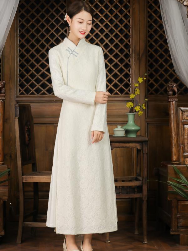 アオザイ ワンピース チャイナドレス レディース 長袖 秋冬 ウール ロング レトロ vネック スリム エレガント お呼ばれ イベント 衣装 正装 オフホワイト