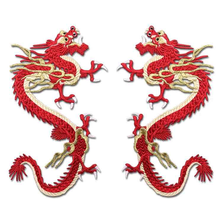 ワッペン 大人向け 大きい 22cm 手縫い 刺繍 ソフト ハンドメイド 装飾 リメイク 補修 チャイナ風 衣類 バッグ かっこいい ドラゴン ゴールド 赤 青