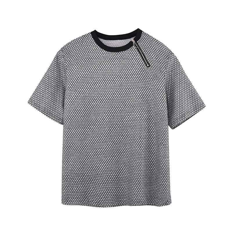 Tシャツ メンズ トップス 半袖 ポリエステル 10代 20代 夏 レジャー ゆったり ラウンドネック 肩パッド ジッパー装飾 光沢 ストリート