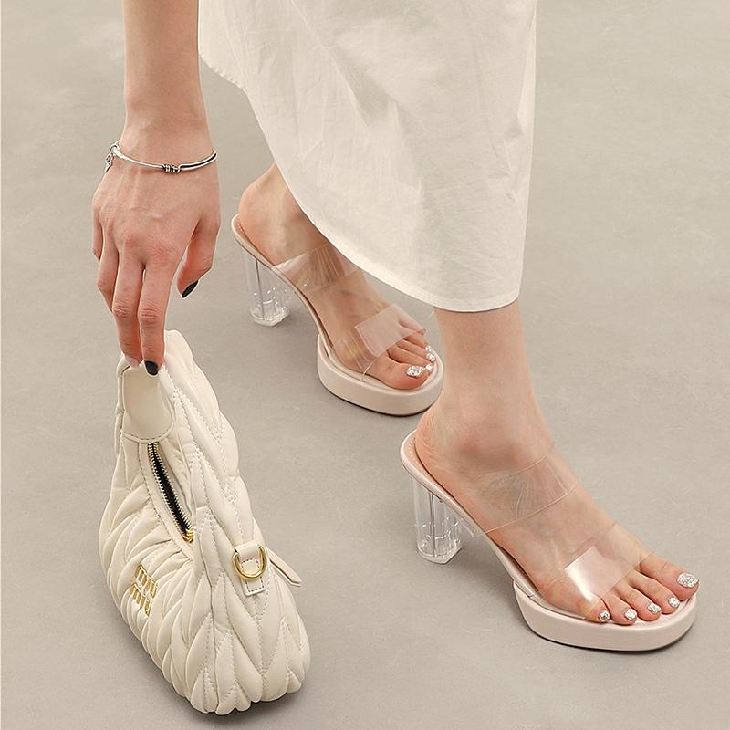 サンダル 厚底 レディース クリア ヒール 透明 夏 涼しい 通気性 スクエアトゥ オープントゥ ラバー素材 履きやすい 大人 上品 ヌードカラー