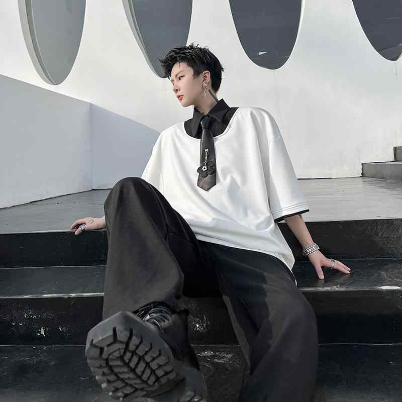 tシャツ メンズ 韓国 トップス カットソー 半袖 夏 ポロシャツ プルオーバー ネクタイ 花 チャーム ゆったり 重ね着風着風 カジュアル おしゃれ ユニーク 黒