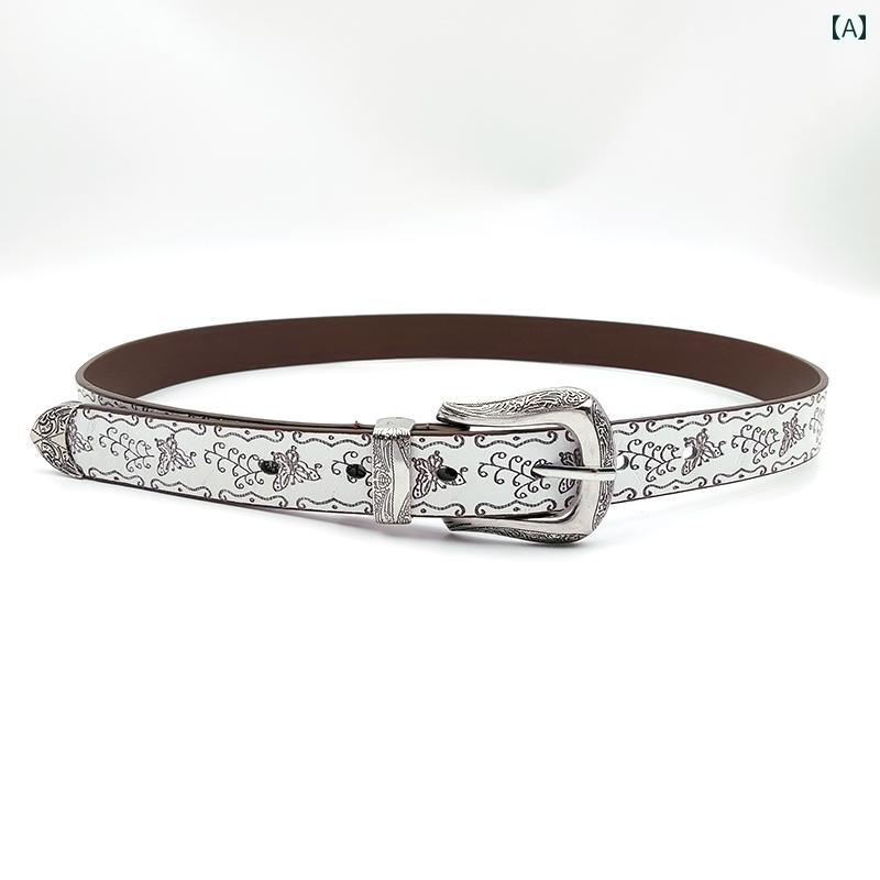 主素材: 合皮 デザイン: 型押し.彫刻 カラー: ホワイト.ダークブラウン 装飾: 幾何学模様 バックル素材: 合金 バックルタイプ: ピンバックル 仕様: シングルループ 幅: 2.5cm 長さ: 110cm