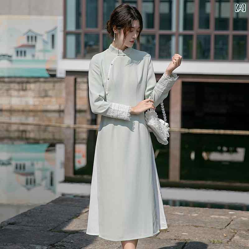 アオザイ ワンピース レトロ 厚手 長袖 弾性 スリット ロング チャイナドレス レディース レース おしゃれ 無地 スタンドカラー 正装 緑