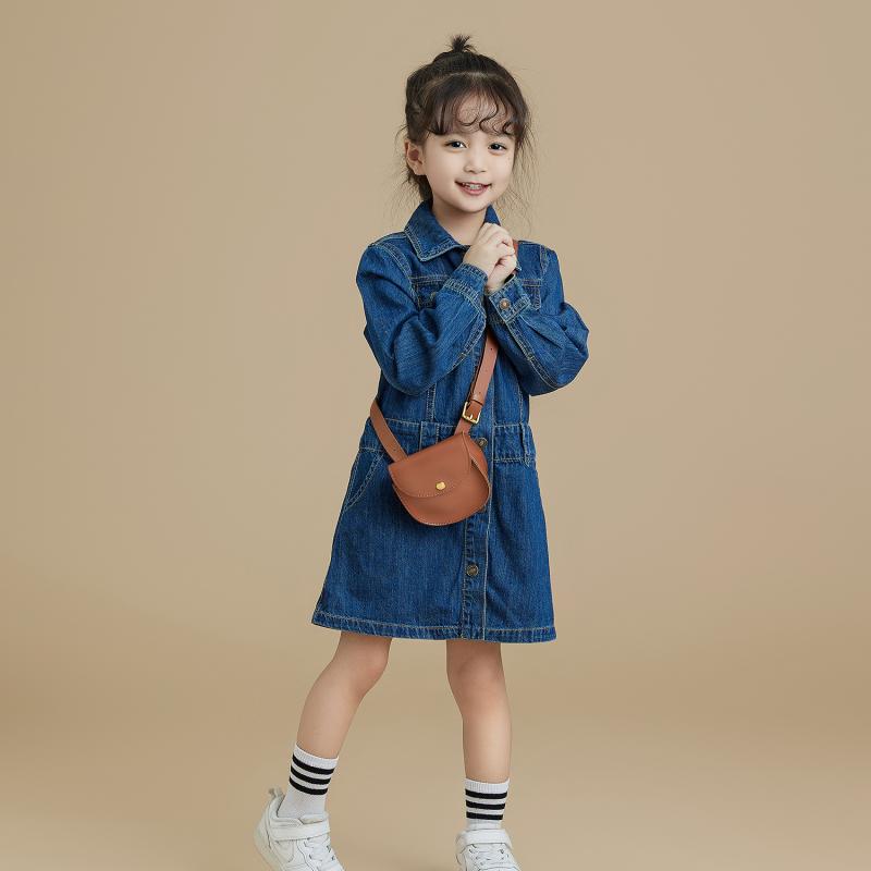 女の子 ワンピース デニム キッズ 子供服 春 韓国 スカート 襟 長袖 ポロシャツ ボタン ゆったり 通気性 柔らかい 快適 カジュアル 青