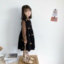 ジャンパースカート キッズ 子供 女の子 春秋 ワンピース 快適 柔らかい Aライン カジュアル 韓国 刺繍 コーデュロイ かわいい 花 黒