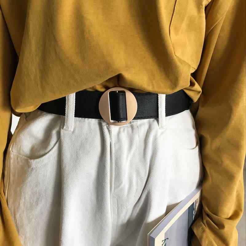 穴なし ベルト レディース 浅ゴールドバックル シンプル ヴィンテージ風 韓国 幅広 丸型バックル