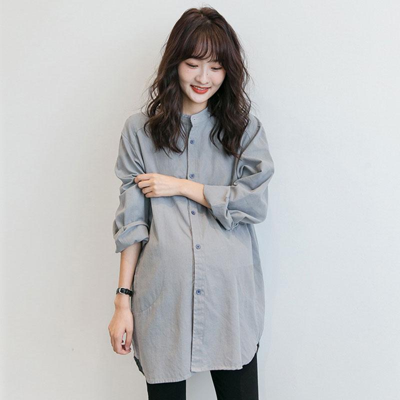 マタニティ 仕事着 トップス 韓国 レディース 春秋 長袖 シャツ 前開き スタンドカラー ボタン ポケット ゆったり ロング 綿 おしゃれ カジュアル シンプル 無地 黄色 グレー 大きいサイズ