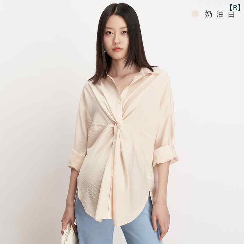 マタニティ 仕事着 トップス レディース 春秋 長袖 シャツ 襟 ボタン ツイスト 切り替え ゆったり ソフト 通気 おしゃれ 個性的 無地