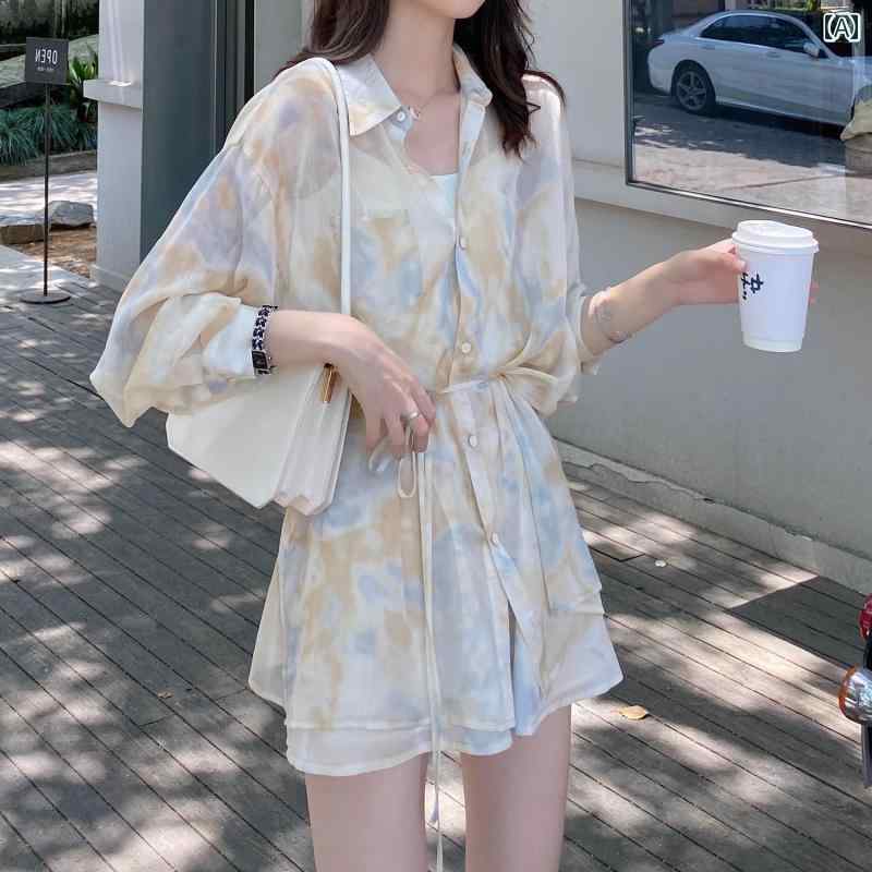 シャツワンピース レディース 夏 トップス 長袖 襟 前開き マイクロミニ ボトムス ショートパンツ ポケット セットアップ 日焼け防止 透け感 ハイウエスト プリント