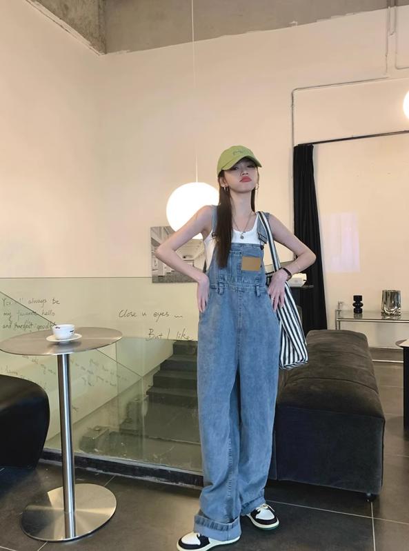 オーバーオール サロペット レディース 春秋 パンツ ストレート ゆったり ワイドレッグ レトロ デニム 大きいサイズ シンプル カジュアル スタイリッシュ 無地 青