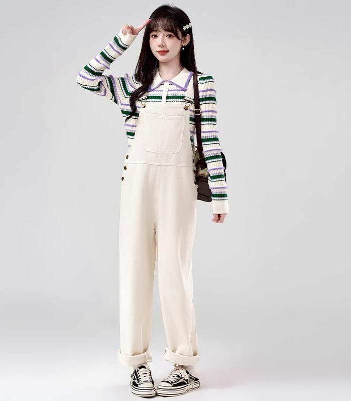 オーバーオール サロペット レディース 春秋 ヴィンテージ風 パンツ ストレート ワイドレッグ ゆったり デニム トップス シンプル カジュアル アプリコット