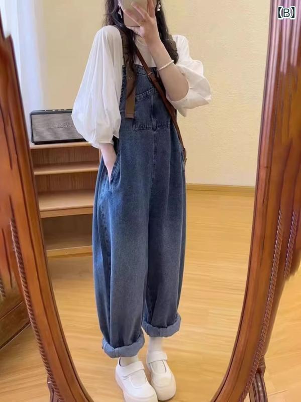 オーバーオール サロペット レディース 春 パンツ ストレート ロング ワイドレッグ ゆったり トップス バイカラー シンプル カジュアル スタイリッシュ パフスリーブ