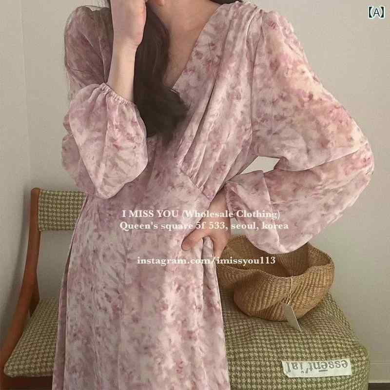 ワンピース 春 花柄 レディース Vネック 長袖 ショッピング 旅行 お呼ばれ 上品 清楚 おしゃれ ロング丈 総柄 Aライン ピンク 青 緑