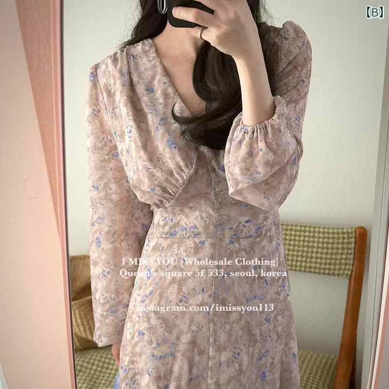 ワンピース 春 花柄 レディース Vネック 長袖 ショッピング 旅行 お呼ばれ 上品 清楚 おしゃれ ロング丈 総柄 Aライン ピンク 青 緑