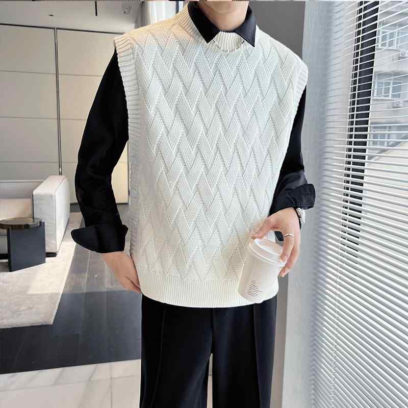 ニットベスト メンズ ノースリーブ セーター 秋 レイヤード チョッキ ラウンドネック ジャガード ルーズ ゆったり プルオーバー 黒 白素材構成：ポリアクリロニトリル繊維（アクリル）55％. 綿45%