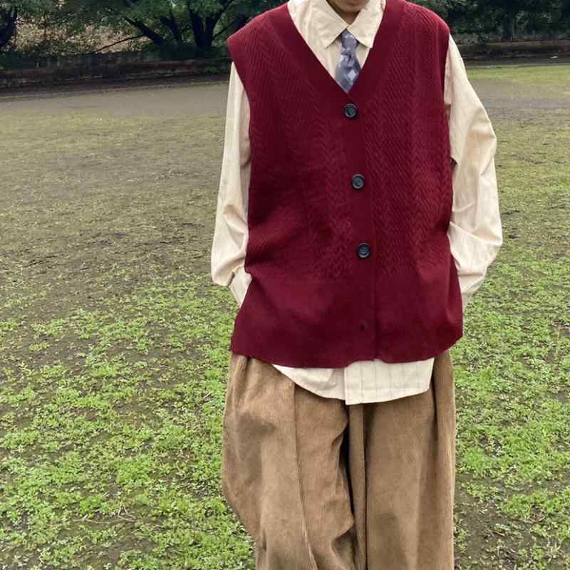 ニットベスト メンズ 秋 レトロ 香港 ワインレッド カーディガン 男性 セーター Vネック ゆったり ルーズ 前開き シングルプレスト トップス 小さいサイズ