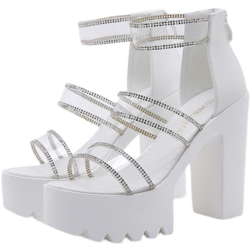 サンダル 厚底 レディース おしゃれ 春夏 ロマンスシューズ セレブ クリスタル 厚い ハイヒール 透明 ラインストーン ラウンドドゥ コンポジットソール ブラック ホワイト