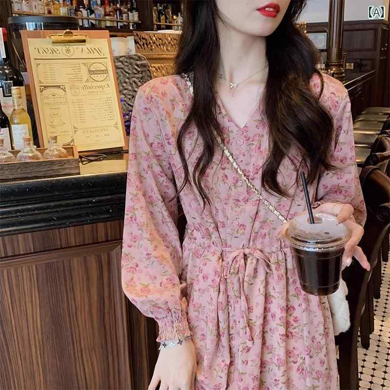 ワンピース 春 花柄 レディース Vネック 長袖 ショッピング 旅行 リゾート レトロ カジュアル おしゃれ ミモレ丈 総柄 Aライン ピンク