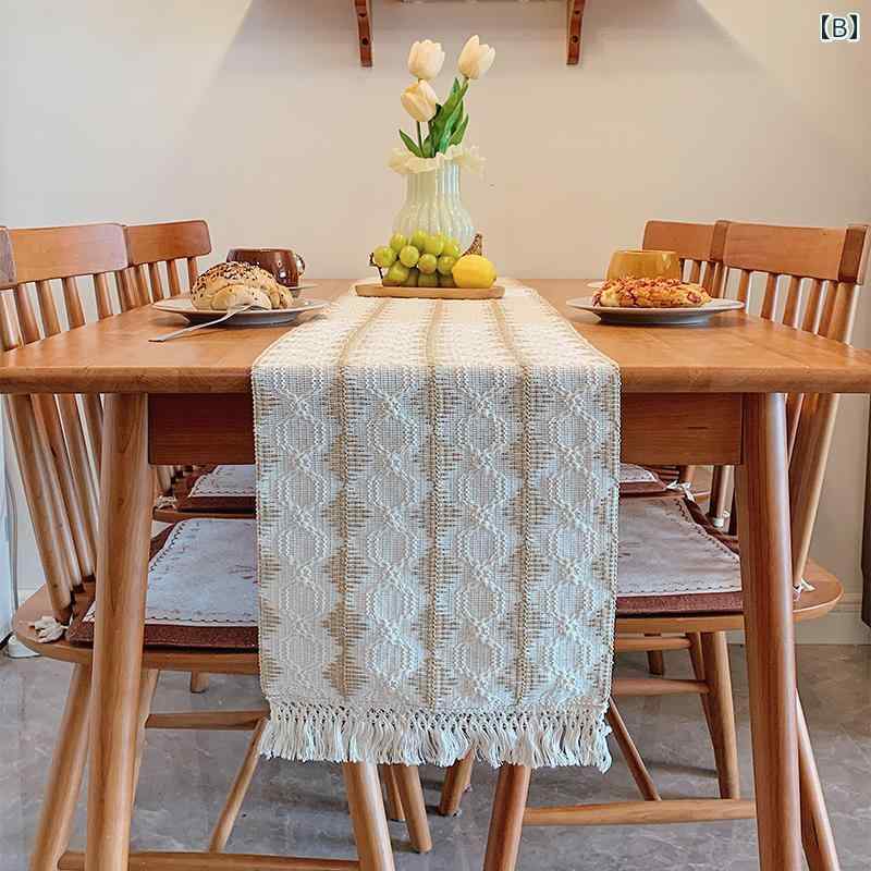 テーブルランナー おしゃれ ランチョンマット 布 ジャカード タッセル フリンジ 手洗い可 インテリア ダイニング リビング キャビネット 装飾 パーティー アメリカン カントリー ストライプ ベージュ カーキ