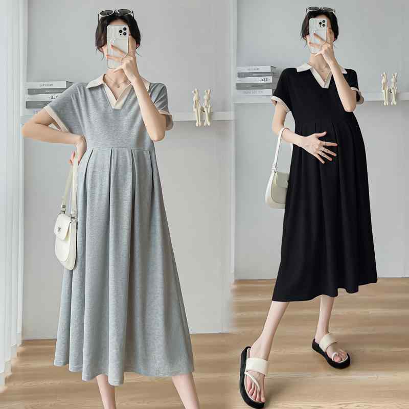 素材：綿スタイル: 韓国襟のタイプ: ハーフオープンカラー袖丈:半袖スカート丈：ミモレ丈