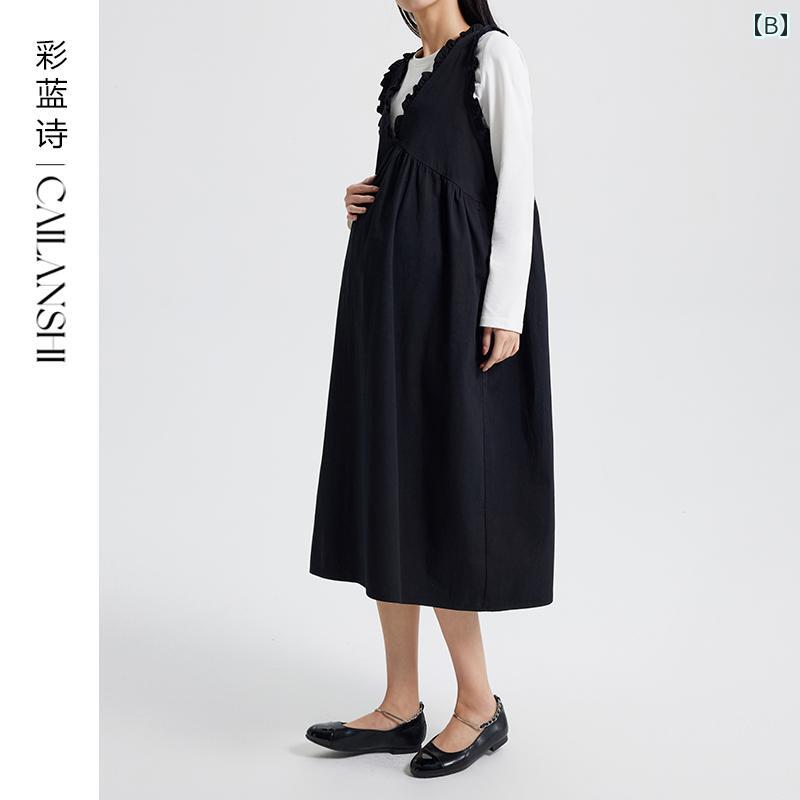 マタニティ ワンピース きれいめ レディース ロング丈 コットン ノースリーブ Vネック フリル ウエスト 紐 リボン フレア 体型カバー 着痩せ ゆったり 柔らかい シンプル カジュアル フェミニン 春秋 女子会 お出かけ アプリコット ブラック