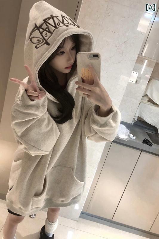 パーカー レディース 春 ストリート 刺繍 文字 フード トレーナー 秋 ゆったり ニッチ 裏起毛 厚手 暖かい 大きいサイズ 長袖 カジュアル 冬 グレー