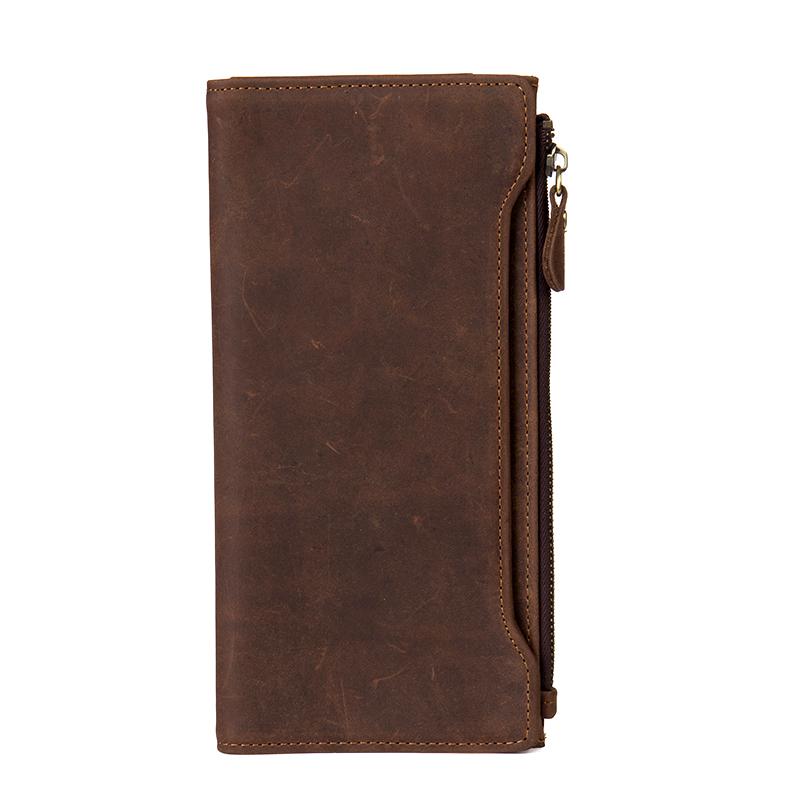 財布 メンズ 長財布 クレイジーホース レザー 手作り スマホ 大容量 バッグ レトロ カードホルダー ブラウン ファスナー スナップボタン おしゃれ