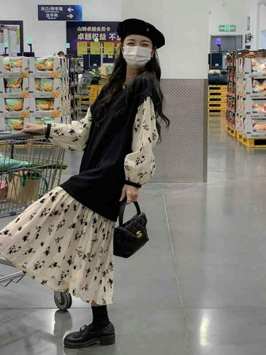 ワンピース 春 花柄 レディース フェイクツーピース ラウンドネック ハイウエスト プルオーバー Aラインスカート 長袖 ロング 黒 おしゃれ ワンピース 春 花柄 レディース フェイクツーピース ラウンドネック ハイウエスト プルオーバー Aラインスカート 長袖 ロング 黒 おしゃれ