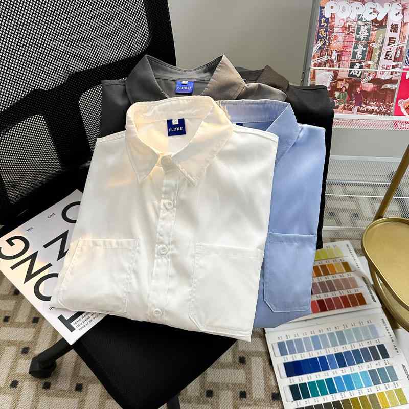 シャツ メンズ 長袖 春秋 薄手 無地 ダブルポケット 韓国 シンプル カジュアル 柔らかい レギュラーカラー インナー 男女兼用 大きいサイズ オフィス 黒 青 白