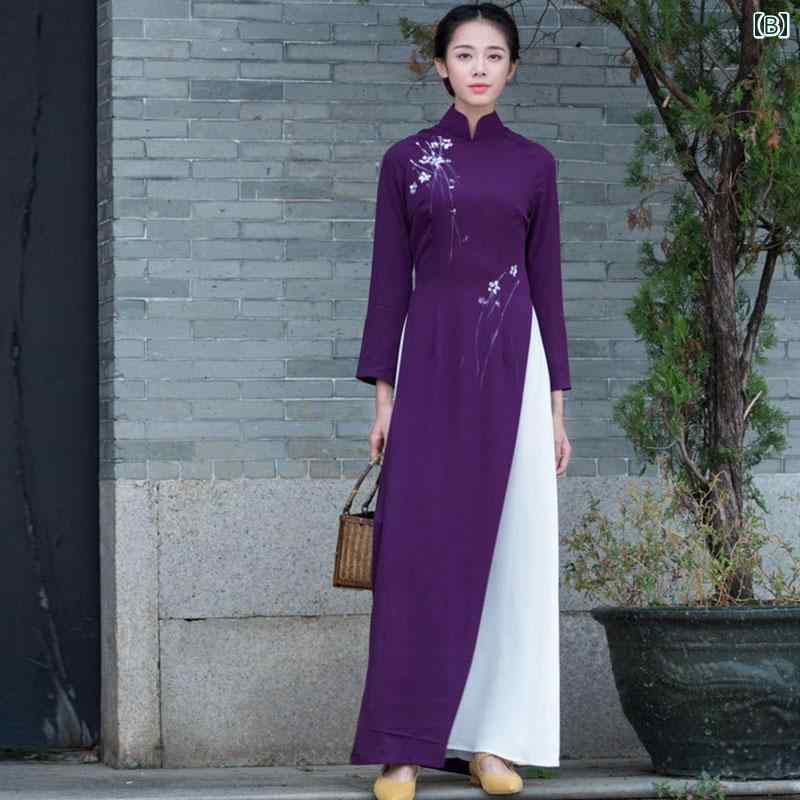 アオザイ ワンピース ロング チャイナドレス 中国風 衣装 秋冬 長袖 スタンドカラー 大きいサイズ 細身 通気性 花 スリム シンプル おしゃれ 青 紫