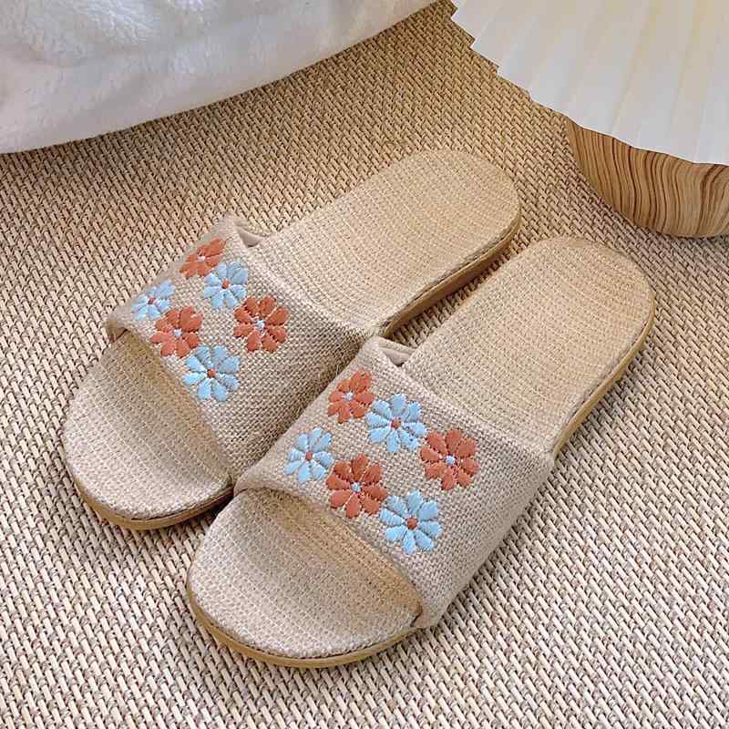 ルームシューズ スリッパ 夏 快適 ユニセックス リネン コットン 麻 室内 リビング キッチン 寝室 フロア サンダル オープントゥ 吸汗 通気性 滑り止め 軽量 柔らかい シンプル おしゃれ 緑 オレンジ 赤 花柄 刺繍