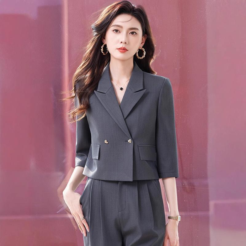セットアップ レディース テーラードジャケット 七分袖 ショート丈 ストレートパンツ 春夏 オフィス フォーマル ビジネス きれいめ ストレッチ素材 スラックス グレー ブラック アプリコット 無地 シンプル カジュアル 大人 上品
