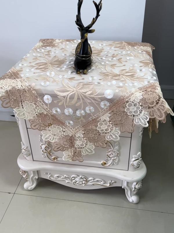 サイドテーブル カバー キャビネット 洗濯機 クロス 布製 レース オーガンジー 刺繍 正方形 寝室 おしゃれ ヨーロピアン エレガント 花柄 カーキ ピンク 赤
