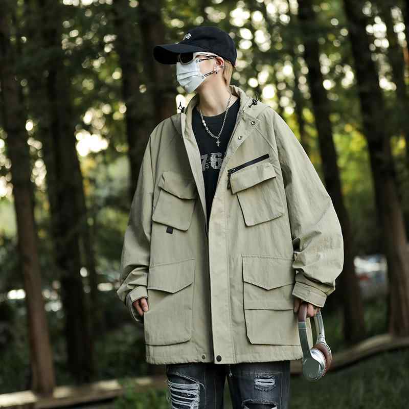 ジャケット メンズ 秋 ハンティング アメリカン カジュアル マルチ ポケット レトロ ワークウェア カーキ ブラック オレンジ 大きいサイズ フード付き ファスナー ゆったり アウター