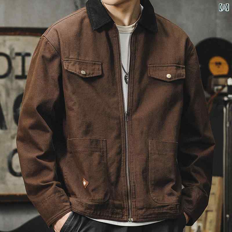 ジャケット メンズ 秋 ハンティング アメリカン レトロ ワーク ブラウン ブラック カーキ ファスナー 長袖 ゆったり 綿 大きいサイズ カジュアル