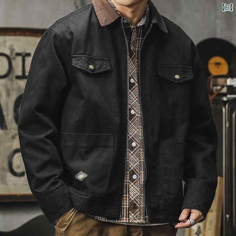 ジャケット メンズ 秋 ハンティング アメリカン レトロ ワーク ブラウン ブラック カーキ ファスナー 長袖 ゆったり 綿 大きいサイズ カジュアル