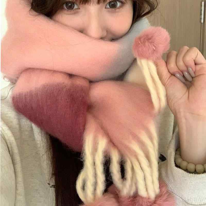 樂天商城 - マフラー かわいい レディース 女性 韓国 冬 厚手 暖かい 防寒 保温 ロング カジュアル 普段使い 通学 ポリエステル 繊維 青 黄色 ピンク ブロックカラー フリンジ ポンポン